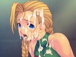  bare_shoulders blonde_hair blue_eyes breasts cammy_white collarbone cum cum_in_mouth cum_on_hair cum_on_tongue facial large_breasts long_hair nipples open_mouth solo street_fighter surprised tears tongue yoko_juusuke 
