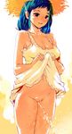  bare_shoulders blue_hair blush breasts cleavage curvy dress dress_lift hat igarasy medium_breasts navel no_panties nose_blush original pee peeing purple_eyes pussy solo standing straw_hat sundress wet 