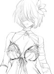  1girl arm_wrap arms_at_sides bangs breasts choker closed_mouth covered_eyes facing_viewer flower hair_flower hair_ornament lingerie medium_breasts mellow_rag mole mole_under_mouth nier_(series) nier_automata short_hair simple_background solo swept_bangs underwear white_background yorha_no._2_type_b 