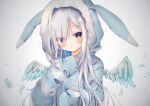  1girl amane_kanata angel_wings animal_hood blue_hair blush colored_inner_hair feathered_wings feathers fur_trim grey_hair hololive hood hood_up kurana long_hair multicolored_hair pajamas purple_eyes rabbit_hood simple_background sleeves_past_wrists solo upper_body virtual_youtuber wings 