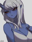  1girl bare_shoulders blue_oni blue_skin breasts cleavage colored_skin eyeshadow grey_background grey_hair hand_up horns kimiko_(zakusi) large_breasts long_hair makeup oni original parted_lips red_eyes signature simple_background single_horn solo zakusi 