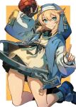  1boy androgyne_symbol aqua_eyes arm_up bangs bike_shorts black_skirt blonde_hair blue_footwear blue_hoodie border bridget_(guilty_gear) closed_mouth commentary_request cross cuffs drawstring dress fingerless_gloves gloves guilty_gear guilty_gear_strive hair_between_eyes handcuffs highres holding hood hood_up hoodie index_finger_raised kneeling kuroi_susumu long_hair looking_at_viewer male_focus miniskirt open_clothes open_hoodie orange_background otoko_no_ko partial_commentary pleated_dress pleated_skirt shirt shoes sidelocks simple_background skirt smile solo thigh_gap white_border white_shirt yo-yo 