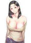  1girl bare_shoulders black_eyes black_hair breasts cleavage closed_mouth covered_nipples cowboy_shot grey_sweater head_tilt huge_breasts long_hair looking_at_viewer no_bra off-shoulder_sweater off_shoulder original shu-mai simple_background smile solo sweater white_background 