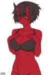  1girl bad_id bad_twitter_id black_bra black_hair blush bottomless bra breast_suppress breasts colored_skin hands_up horns kidouko_(zakusi) large_breasts looking_at_viewer navel oni oni_horns orange_eyes original out-of-frame_censoring parted_lips red_oni red_skin short_hair signature simple_background solo underwear white_background zakusi 