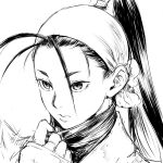  1girl antenna_hair bandana closed_mouth greyscale hand_up head_scarf high_ponytail ibuki_(street_fighter) monochrome portrait shu-mai simple_background solo street_fighter street_fighter_iii_(series) white_background 