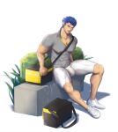  1boy abs bag bara biceps blue_hair bulge bush chachi_(soulga) collared_shirt cu_chulainn_(fate) cum fate/stay_night fate_(series) large_pectorals long_hair looking_to_the_side male_focus manly mature_male muscular muscular_male nipples open_mouth pectorals plant ponytail red_eyes see-through shirt shoes short_hair simple_background snickers solo spiked_hair sweat sweatdrop teeth thick_arms thick_thighs thighs tight wet wet_clothes white_background 