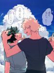  2boys absurdres bakugou_katsuki black_shirt blue_shirt boku_no_hero_academia closed_eyes cloud commentary_request day freckles from_behind green_hair hand_on_another&#039;s_head highres holding kai2_ly long_hair looking_at_another male_focus midoriya_izuku multiple_boys object_request open_mouth outdoors red_eyes shirt short_hair short_sleeves speech_bubble spiked_hair standing translation_request upper_body 
