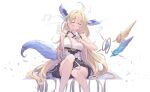  1girl absurdly_long_hair ahoge bangs bare_legs bench bird bird_girl blonde_hair blue_dress blue_hair blush breasts closed_eyes dress enna_alouette flower gradient_hair hair_flower hair_ornament head_wings long_hair low_twintails mechanical_wings medium_breasts multicolored_hair musical_note nijisanji nijisanji_en purple_dress purple_wings sitting sleeveless smile solo theovoo twintails very_long_hair virtual_youtuber white_background white_flower wings 