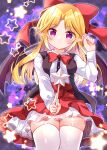  1girl absurdres bat_wings black_vest black_wings blonde_hair blush bow bowtie breasts closed_mouth commentary_request elis_(touhou) hair_bow head_tilt highres holding holding_wand long_hair long_sleeves medium_breasts miniskirt open_clothes open_vest purple_eyes red_bow red_bowtie red_skirt shirt skirt solo star_(symbol) star_wand thick_thighs thighhighs thighs touhou touhou_(pc-98) very_long_hair vest wand white_shirt white_thighhighs wings yurufuwa_milk 