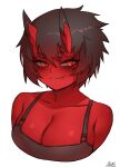  1girl bare_shoulders black_hair blush breasts cleavage closed_mouth colored_skin fang fang_out hair_between_eyes horns kidouko_(zakusi) large_breasts looking_at_viewer oni oni_horns orange_eyes original overalls red_oni red_skin short_hair signature simple_background smile solo thick_eyebrows upper_body white_background zakusi 