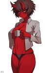  1girl black_hair black_panties blush breasts closed_mouth colored_skin cup grey_shirt holding holding_cup horns kidouko_(zakusi) large_breasts long_sleeves looking_at_viewer navel no_bra oni oni_horns open_clothes open_shirt orange_eyes original panties red_oni red_skin shirt short_hair signature skindentation solo teacup thick_eyebrows underwear zakusi 