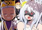  1boy 2girls anya&#039;s_heh_face_(meme) aqua_eyes artoria_caster_(fate) artoria_pendragon_(fate) bikini blonde_hair chen_gong_(fate) chinese_clothes chinese_hat commentary_request dark-skinned_male dark_skin evil_smile facial_mark false_smile fate/grand_order fate_(series) forehead_mark grey-framed_eyewear holding holding_umbrella i_want_you long_hair makishima_rin meme merlin_(fate/prototype)_(swimsuit_pretender) multiple_girls parasol parody purple_eyes red_eyes scared shaded_face smile smug spy_x_family swimsuit tears umbrella white_bikini white_hair 