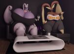  3d_(artwork) anthro between_breasts big_breasts big_butt black_clothing blender_(software) breasts brown_body butt clothing coffee_mug container darkdraketom digital_media_(artwork) female food furniture glass glass_container goodra group hand_on_leg hand_on_shoulder hand_on_thigh hi_res huge_breasts human larger_female living_room lopunny male mammal multicolored_body nintendo pok&eacute;mon pok&eacute;mon_(species) pok&eacute;mon_trainer popcorn purple_body size_difference smaller_male sofa text text_on_clothing thick_thighs trio two_tone_body video_games 