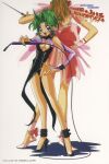  1990s_(style) anklet ass back back-to-back back_bow black_footwear blonde_hair blue_eyes bow dress earrings ellis_(toushinden) green_hair height_difference high_heels holding holding_whip jewelry kotobuki_tsukasa long_hair looking_at_viewer non-web_source official_art open_mouth pumps retro_artstyle simple_background sofia_(toushinden) standing toushinden white_background 