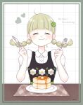  1girl animal_crossing bangs blunt_bangs blush braid butter chewing closed_eyes collared_shirt copyright_name dress floral_print flower food food_on_face fork go-on green_hair hair_flower hair_ornament heart highres holding holding_fork holding_knife knife long_hair maple_syrup original pancake pancake_stack pinafore_dress placemat puffy_short_sleeves puffy_sleeves shirt short_sleeves smile solo twin_braids 