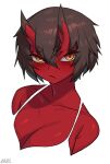  1girl :/ black_hair blush breasts cleavage closed_mouth colored_skin hair_between_eyes horns kidouko_(zakusi) large_breasts looking_at_viewer oni oni_horns orange_eyes original red_oni red_skin short_hair signature simple_background solo upper_body white_background zakusi 