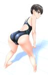  1girl absurdres all_fours ass barefoot black_hair black_swimsuit brown_eyes commentary_request competition_swimsuit from_behind highres looking_at_viewer looking_back multicolored_clothes multicolored_swimsuit one-piece_swimsuit original short_hair solo swimsuit takafumi tile_floor tiles 