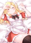  1girl absurdres apron bed_sheet black_thighhighs blonde_hair bow bowtie closed_eyes commentary_request dress frilled_apron frilled_dress frills highres long_hair lying maid_apron medium_hair on_back puffy_short_sleeves puffy_sleeves red_dress short_sleeves sleeping solo thighhighs thighs touhou touhou_(pc-98) waist_bow white_apron yumeko_(touhou) yurufuwa_milk 