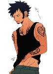  1boy arm_tattoo artist_name black_hair black_tank_top denim earrings facial_hair from_side hand_under_clothes highres hot jeans jewelry male_focus one_piece pants scowl shirt_tan sleeveless solo standing sweat tan tank_top tanlines tattoo tbt trafalgar_law white_background yellow_eyes 