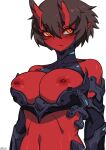  1girl bare_shoulders black_hair breasts breasts_out closed_mouth colored_skin elbow_gloves framed_breasts gloves hair_between_eyes horns kidouko_(zakusi) large_breasts looking_at_viewer navel nipples oni oni_horns orange_eyes original pointy_ears red_oni red_skin short_hair signature simple_background solo thick_eyebrows upper_body white_background zakusi 