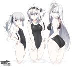  3girls anchor_symbol ass bare_arms bare_legs bare_shoulders black_headband black_swimsuit blue_eyes breasts brown_eyes closed_mouth clothes_writing commentary_request competition_swimsuit cowboy_shot fuyutsuki_(kancolle) grey_eyes grey_hair groin hachimaki hair_between_eyes headband kantai_collection kasumi_(kancolle) long_hair medium_breasts multiple_girls one-piece_swimsuit one_side_up open_mouth revision shigino_sohuzi side_ponytail simple_background smile suzutsuki_(kancolle) swimsuit white_background white_hair white_headband 