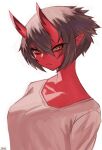  1girl black_hair breasts closed_mouth colored_skin horns kidouko_(zakusi) large_breasts looking_at_viewer oni oni_horns orange_eyes original pointy_ears red_oni red_skin shirt short_hair signature simple_background solo white_background white_shirt zakusi 