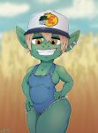  alq baseball_cap big_breasts blurred_background breasts cleavage clothed clothing ear_piercing female goblin grin hands_on_hips hat headgear headwear hi_res humanoid humanoid_pointy_ears looking_at_viewer not_furry overalls overalls_only piercing smile solo 
