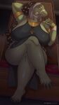  9:16 anthro big_breasts braided_hair breasts clothed clothing crocodilian crossed_legs female hair harnny hi_res reptile scalie solo thick_thighs 