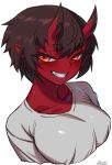  1girl black_hair blush breasts colored_skin grin horns kidouko_(zakusi) large_breasts looking_at_viewer oni oni_horns orange_eyes original pointy_ears red_oni red_skin shirt short_hair signature simple_background smile solo upper_body white_background white_shirt zakusi 