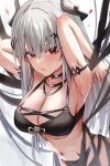  1girl :o absurdres arknights armlet armpits arms_up bangs bikini blush breasts cleavage front-tie_bikini front-tie_top grey_hair hair_ornament highres horns jewelry large_breasts long_hair mudrock_(arknights) mudrock_(silent_night)_(arknights) necklace official_alternate_costume oripathy_lesion_(arknights) parted_lips petals raw_egg_lent red_eyes ribbon simple_background solo sweat swimsuit upper_body very_long_hair white_background white_ribbon 