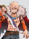  1boy abs absurdres bakugou_katsuki belt blonde_hair boku_no_hero_academia cape commentary_request cowboy_shot cutlass_(sword) detached_sleeves earrings fur-trimmed_cape fur_trim grey_background grin highres holding holding_sword holding_weapon jewelry kai2_ly looking_at_viewer male_focus multiple_necklaces necklace official_alternate_costume orange_sleeves pants pectorals red_cape red_eyes short_hair shoulder_tattoo simple_background smile solo spiked_hair standing sword tattoo toned toned_male topless_male weapon 