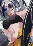  1girl :d arknights bandeau bangs bare_shoulders black_hair black_pants breasts brown_eyes clothes_around_waist feater_(arknights) feater_(dojo_star)_(arknights) grey_hair hair_over_one_eye highres jacket jacket_around_waist knee_up large_breasts leggings long_hair midriff multicolored_hair navel official_alternate_costume open_mouth pants round_eyewear shiromonefu smile solo stomach strapless streaked_hair sunglasses tube_top twintails yellow_jacket 