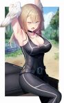  1girl armpits arms_behind_head arms_up asymmetrical_bangs bangs belt black_belt black_bodysuit black_choker blue_eyes blue_sky bodysuit breasts brown_hair chest_tattoo choker cleavage eunie_(xenoblade) feathered_wings hair_between_eyes head_wings highres kujou_shima large_breasts long_bangs long_hair looking_at_viewer mountain one_eye_closed open_mouth outdoors pond sitting sky solo stretching sweat tattoo tree twitter_username water white_wings wings xenoblade_chronicles_(series) xenoblade_chronicles_3 
