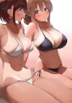  2girls :3 :d arms_behind_back bangs bare_shoulders bikini black_bikini blonde_hair blue_eyes breasts brown_hair cleavage closed_mouth collarbone commentary_request cowboy_shot front-tie_bikini front-tie_top groin hair_between_eyes kaisen_chuui large_breasts long_hair looking_at_another multiple_girls navel one-piece_tan open_mouth original revision shadow short_hair side-tie_bikini sidelocks sitting smile stomach swimsuit tan tanlines teeth upper_teeth white_background white_bikini 