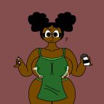  aged_up amanda_the_adventurer anonymous_artist big_breasts breasts brown_body brown_skin buns coffee_cup confusion container cup female green_apron hi_res human i_mean_breast_milk ibispaintx lacation mammal meme no_shading puffy_hair question_mark simple_background solo thick_thighs 