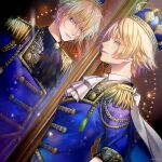  2boys ascot blonde_hair blue_eyes blue_shirt closed_mouth crown facing_another hakuseki highres looking_at_viewer looking_down male_focus mirror multiple_boys niconico reflection royal shirt smile valshe 