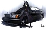  1girl absurdres ahoge animal_ears artist_name bangs belly_chain black_coat black_gloves black_hair black_pantyhose black_shirt black_skirt blouse car closed_mouth clothes_lift coat collared_shirt commentary dress dress_lift dress_shirt frown gloves grey_footwear ground_vehicle hair_between_eyes highres horse_ears horse_girl horse_tail jewelry kano_(nakanotakahiro1029) logo long_bangs long_coat long_hair long_sleeves looking_at_viewer manhattan_cafe_(umamusume) mary_janes mercedes-benz_190e_2.5-16_evolution_ii miniskirt motor_vehicle necktie open_clothes open_coat pantyhose pleated_skirt shadow shirt shoes signature skirt solo standing tail umamusume yellow_eyes yellow_necktie 