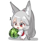  1girl :d animal_ears bangs barefoot chibi commentary_request eighth_note food fox_ears fox_girl fox_tail fruit full_body grey_hair hair_between_eyes highres holding holding_food japanese_clothes kimono long_hair long_sleeves musical_note obi original ponytail red_eyes sash shadow simple_background sleeves_past_wrists smile solo standing tail very_long_hair watermelon white_background white_kimono wide_sleeves yuuji_(yukimimi) 