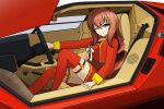  1girl ;) absurdres animal_ears aqua_eyes bangs black_choker bow bowtie brown_hair brown_sailor_collar car_interior choker closed_mouth commentary cropped_jacket highres horse_ears horse_girl horse_tail jacket kano_(nakanotakahiro1029) knee_up lamborghini_countach long_hair long_sleeves looking_at_viewer maruzensky_(umamusume) miniskirt one_eye_closed pleated_skirt red_jacket red_shirt red_skirt red_thighhighs sailor_collar shirt sitting skirt smile solo tail thigh_strap thighhighs umamusume wavy_hair white_bow white_bowtie 