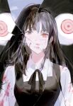  1girl artist_name bangs black_eyes black_hair blood blood_on_clothes blood_on_face chainsaw_man collared_shirt crack cracked_glass dual_persona highres long_hair looking_at_viewer mitaka_asa neck_ribbon parted_lips portrait red_eyes ribbon ringed_eyes scar scar_on_cheek scar_on_face school_uniform shirt signature smile split_theme straight-on sweatdrop war_devil_(chainsaw_man) white_shirt yueko_(jiayue_wu) 