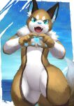 &lt;3 4_fingers absurd_res anthro black_body black_ears black_fur blue_eyes blue_inner_ear blue_nose blue_pawpads blue_sky brown_body brown_fur brown_tail cheek_tuft facial_tuft featureless_crotch fingers front_view fur glistening glistening_eyes hi_res inner_ear_fluff looking_at_viewer male nude open_mouth pawpads red_tongue sky solo species_request star t.y.stars tongue tuft white_body white_fur white_inner_ear_fluff white_tail 