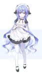  1girl ahoge alternate_costume apron bangs black_bow blue_hair blush bow breasts cleavage enmaided full_body ganyu_(genshin_impact) genshin_impact highres horns long_hair looking_at_viewer maid maid_apron maid_headdress mattang medium_breasts own_hands_clasped own_hands_together pantyhose purple_eyes sidelocks smile solo standing white_pantyhose 