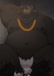  2022 absurd_res anthro belly big_belly black_body black_nose bodily_fluids cum cum_on_ground genital_fluids hi_res kemono l4zily male mammal moobs navel nipples overweight overweight_male scar sitting solo ursid 