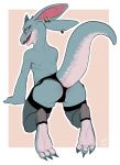 2019 3_toes all_fours anthro black_clothing black_panties black_underwear blue_eyes bodily_fluids butt clothed clothing ear_piercing ear_ring feet female full-length_portrait garter_straps genital_fluids grey_body grey_scales hi_res kobold legwear long_ears looking_at_viewer looking_back looking_back_at_viewer open_mouth panties piercing portrait pupils pussy_juice rear_view ring_piercing scales scalie slit_pupils soles solo stockings thigh_highs toes topless topless_anthro topless_female underwear w4g4 zulie_(vareoth) 