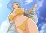  1girl 80kc bikini blue_archive breasts cleavage cloud from_below front-tie_bikini front-tie_top green_eyes hat huge_breasts jacket light_brown_hair long_hair looking_at_viewer navel nonomi_(blue_archive) nonomi_(swimsuit)_(blue_archive) official_alternate_costume see-through see-through_jacket side-tie_bikini sky solo sun_hat swimsuit very_long_hair white_headwear yellow_bikini 