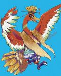  animal_focus bird blue_background clothed_pokemon commentary_request ho-oh no_humans open_mouth pokemon pokemon_(creature) red_eyes sagemaru-br signature simple_background solo talons tongue 