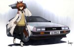  1girl absurdres agnes_tachyon_(umamusume) ahoge animal_ears ankle_boots artist_name bangs black_necktie black_pantyhose boots breasts brown_hair car closed_mouth coat collared_shirt commentary crossover delorean dress ground_vehicle head_tilt heel_up highres horse_ears horse_girl horse_tail kano_(nakanotakahiro1029) labcoat looking_at_viewer medium_hair motor_vehicle necktie pantyhose red_eyes shadow shirt short_dress short_necktie signature sleeves_past_fingers sleeves_past_wrists small_breasts smile solo standing sweater sweater_dress tail umamusume vest vial white_coat white_footwear yellow_dress yellow_vest 