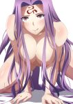  1girl absurdres all_fours bangs breasts collarbone facial_mark fate/stay_night fate_(series) forehead forehead_mark highres large_breasts licking_lips long_hair looking_at_viewer medusa_(fate) medusa_(rider)_(fate) nipples nude oinari_(koheihei1109) parted_bangs purple_eyes purple_hair sidelocks smile sweat tongue tongue_out very_long_hair 