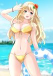  absurdres alternate_costume atago_(kancolle) beach bikini blonde_hair blue_sky blurry blurry_background breasts cloud cloudy_sky collarbone cowboy_shot day flower green_eyes hair_between_eyes hair_flower hair_ornament highres holding holding_innertube innertube island kantai_collection large_breasts long_hair looking_at_viewer nitamako_(sakamalh) ocean open_mouth outdoors sand sky smile swimsuit water yellow_bikini 