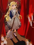  1girl :o absurdres blonde_hair blue_bow blue_eyes book bow broom candle emilico_(shadows_house) hair_bow highres holding holding_broom kurattes long_hair shadow shadows_house solo stage_curtains 